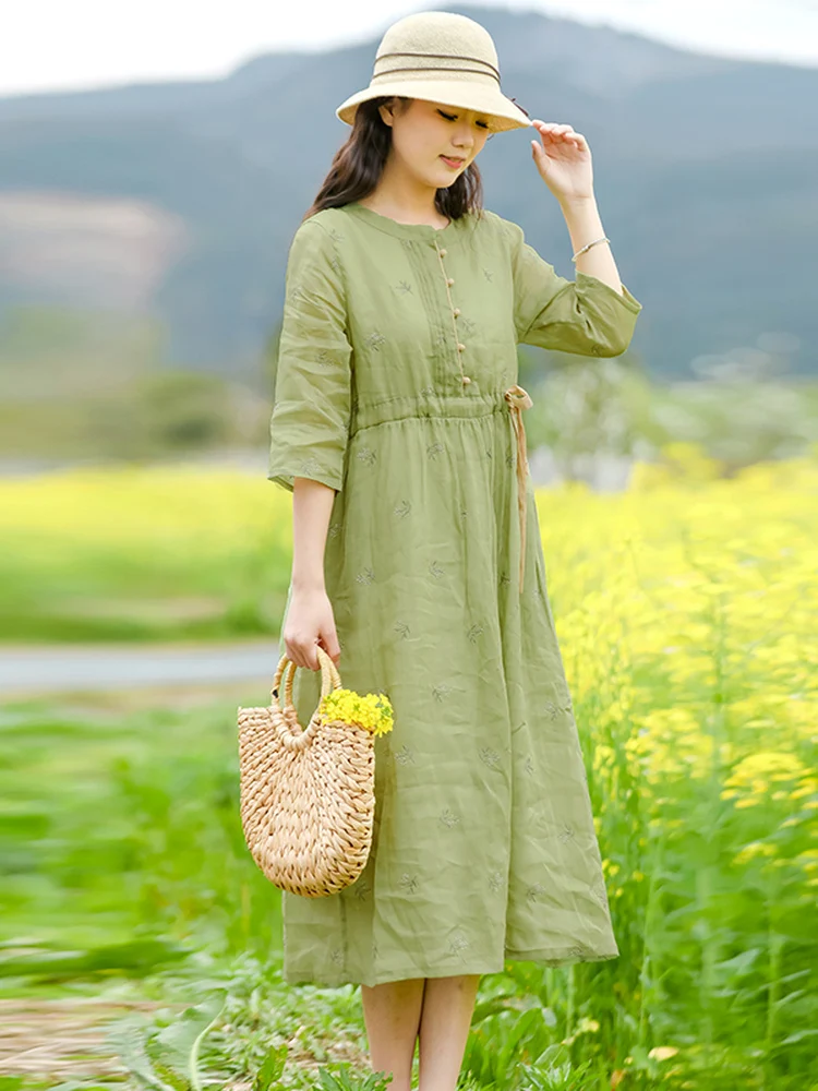 

Художественное льняное двухслойное платье с вышивкой, на завязках на талии, стройнящее, весна-лето, новый стиль, повседневное, для путешествий, А-силуэт