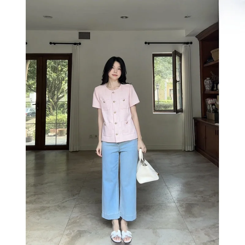 

Джинсовый комплект Ele Simple ort Sve: летний топ и прямые джинсы (длина 9/10) для женщин старше 35 лет