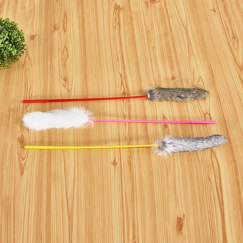 Random Color Tease Cat Stick Faux Rabbit Fur Pompom Plush Pet Interactive Stick Cat Playing Training Toys Pet Supplies