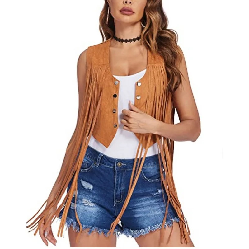 Vest Women Mid Length Tank Top Suede Frosted Tassel Fashion Vest