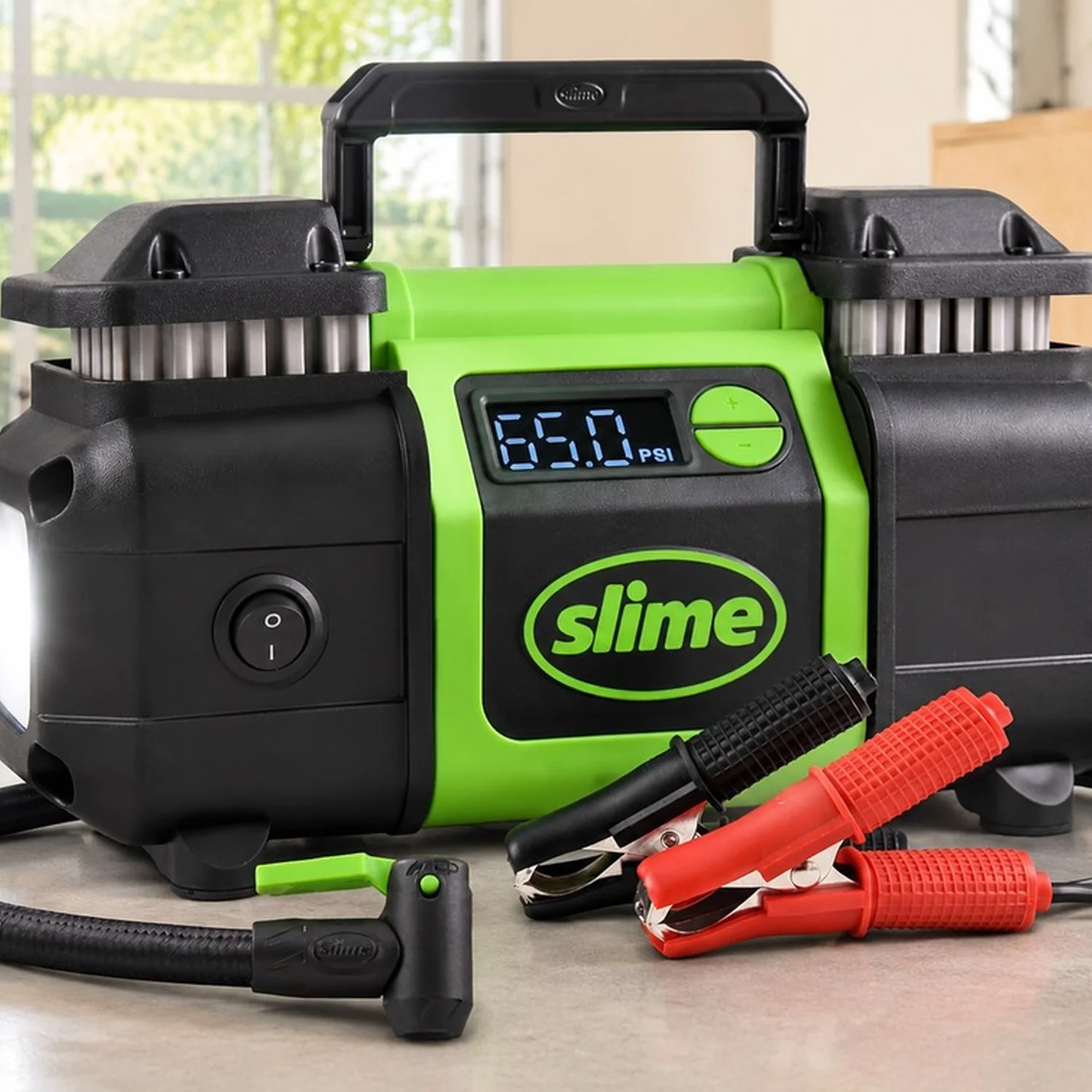 40083 Tire Inflator, Super Duty Pro Power, Battery Connection, Dual Piston, with Digital 0-99 psi Gauge, Long Hose and LED