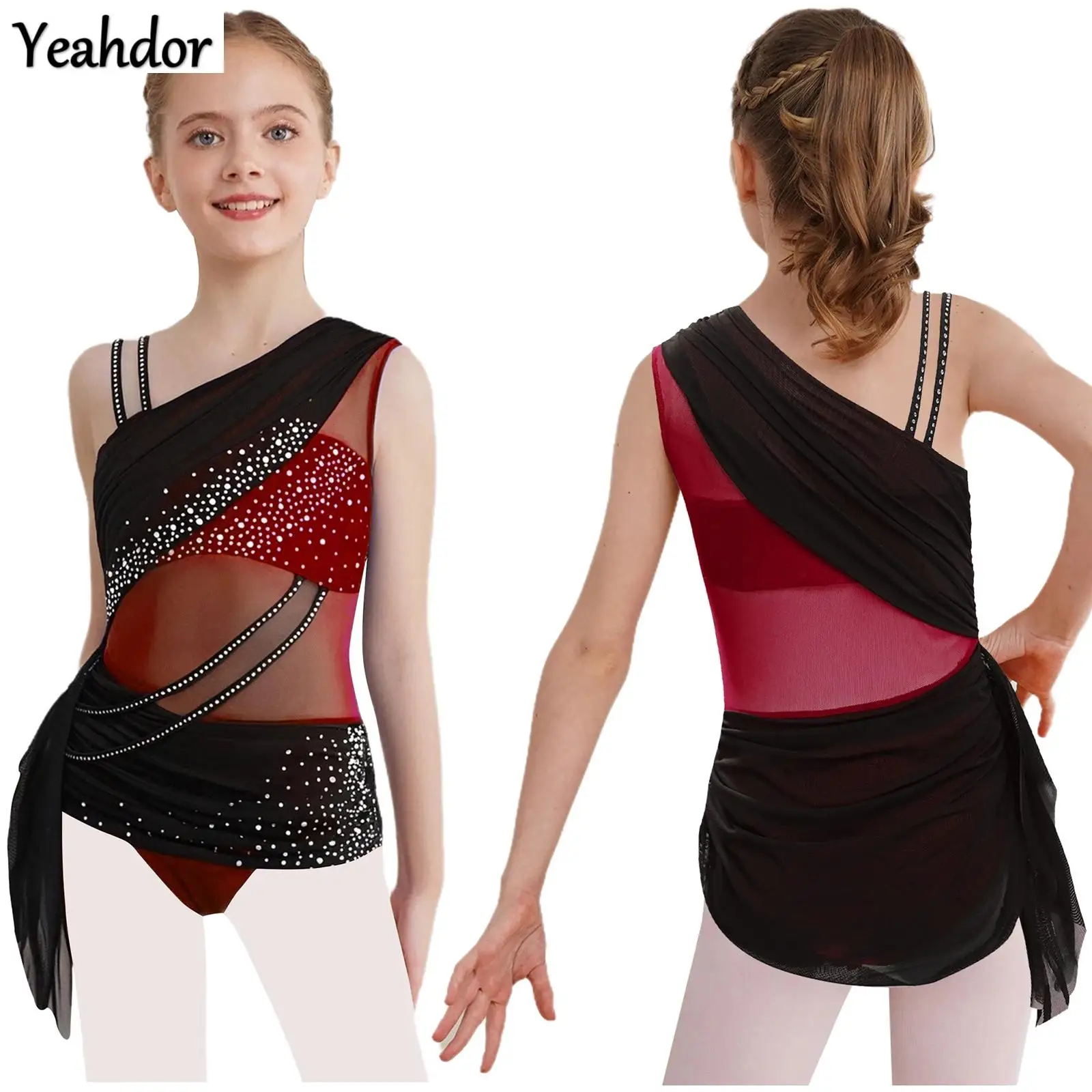 

Girls Skating Lyrical Dance Dress Rhinestones Gymnastic Artistic Ballet Leotards Sheer Mesh Asymmetrical Dance Bodysuit Costumes