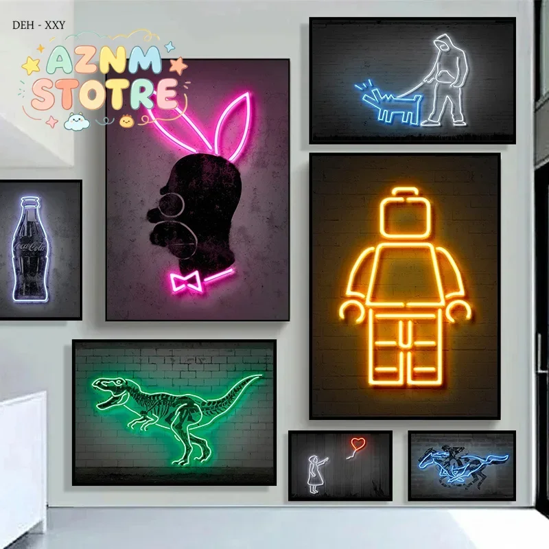 Neon Design Statue of Liberty Mona Lisa Canvas Posters Rocket Pictures Pop Street Wall Art Painting Modern Home Room Decorati
