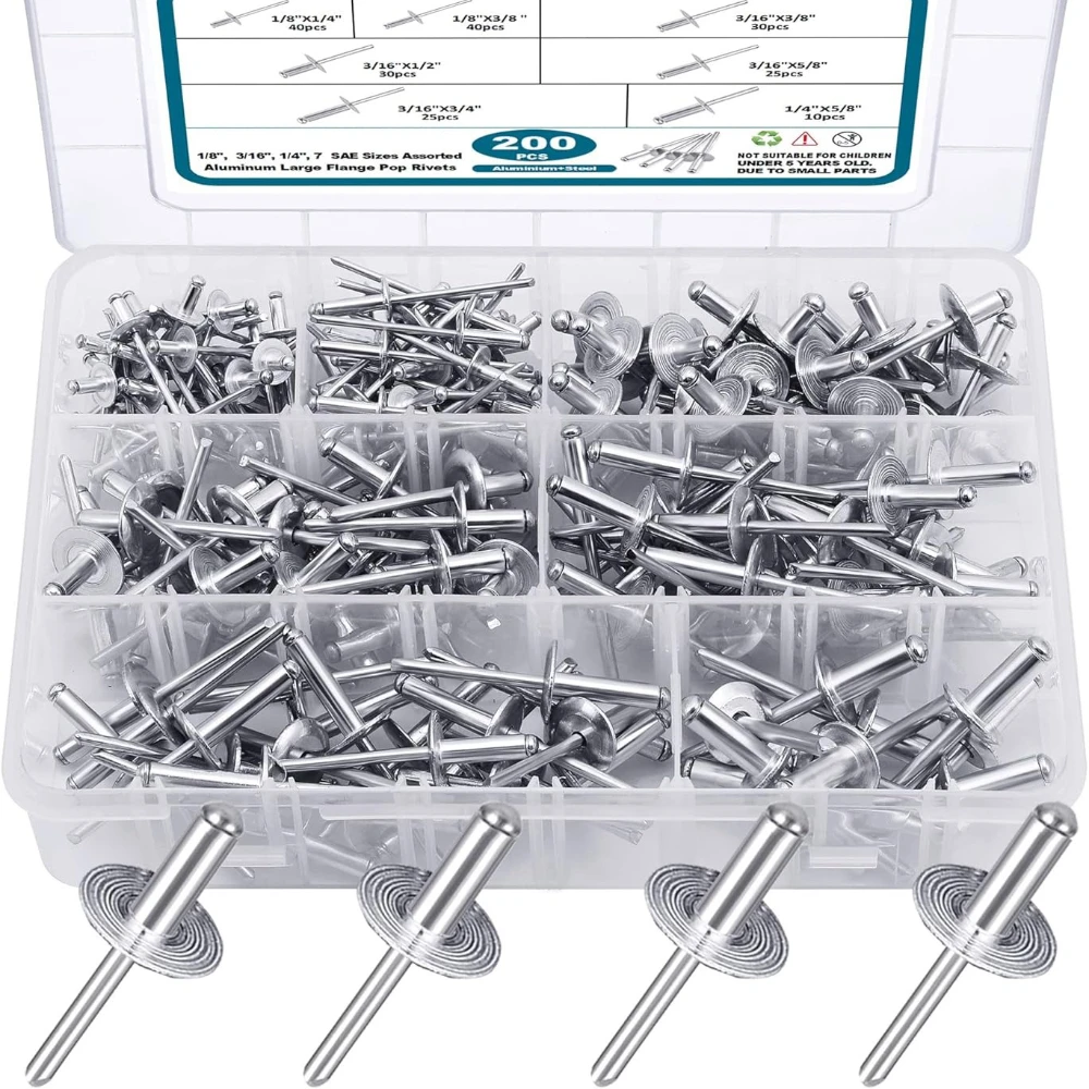 

200pcs Silver Large Cap Blind Rivets and Pull Rivet Set Aluminum Cap Iron Core Rivets Open Type Large Cap Pull Rivets Fasteners