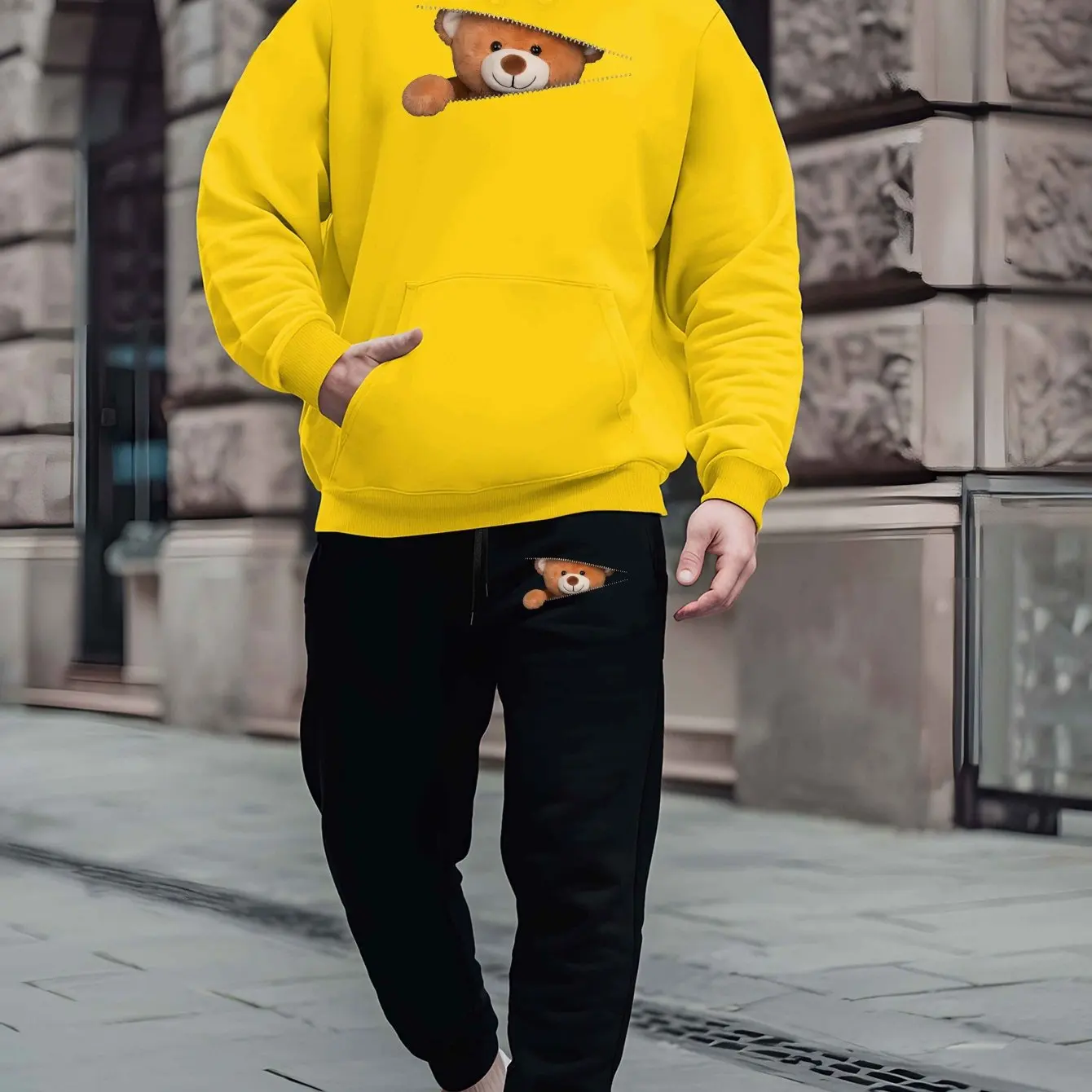 Street Men Hoodie Jogger Set, Funny 3D Fake Torn Teddy Bear Print Hooded Sweatshirt & Drawstring JoggersCasual 2‑Pcs DailyOutfit