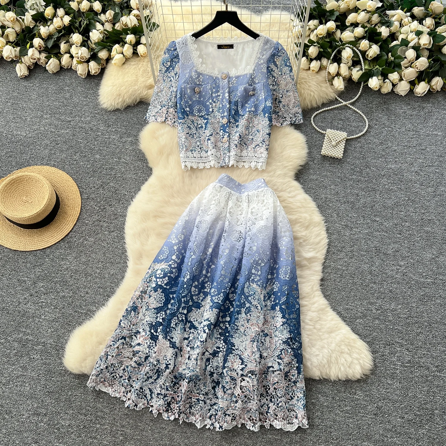 

Clothland Women Stylish Floral Lace Suit Short Sleeve Hollow Out Shirt Mid Calf Skirts Retro Vintage Two Piece Set TA628