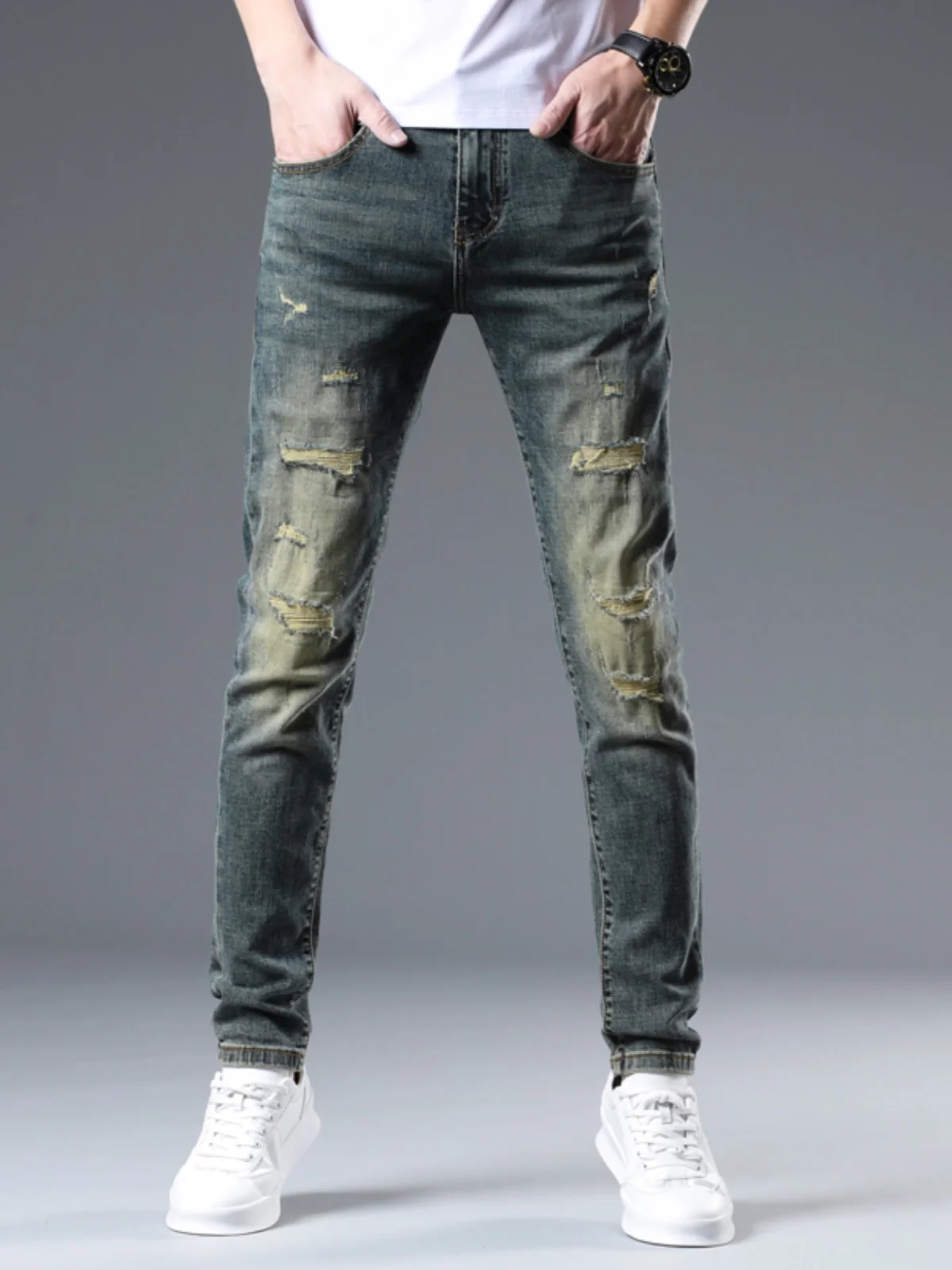 

Летние мужские джинсы 2025: облегающие, эластичные, повседневные, с высокой талией, длинные брюки из хлопка, универсальные, молодежные, дышащие, современные