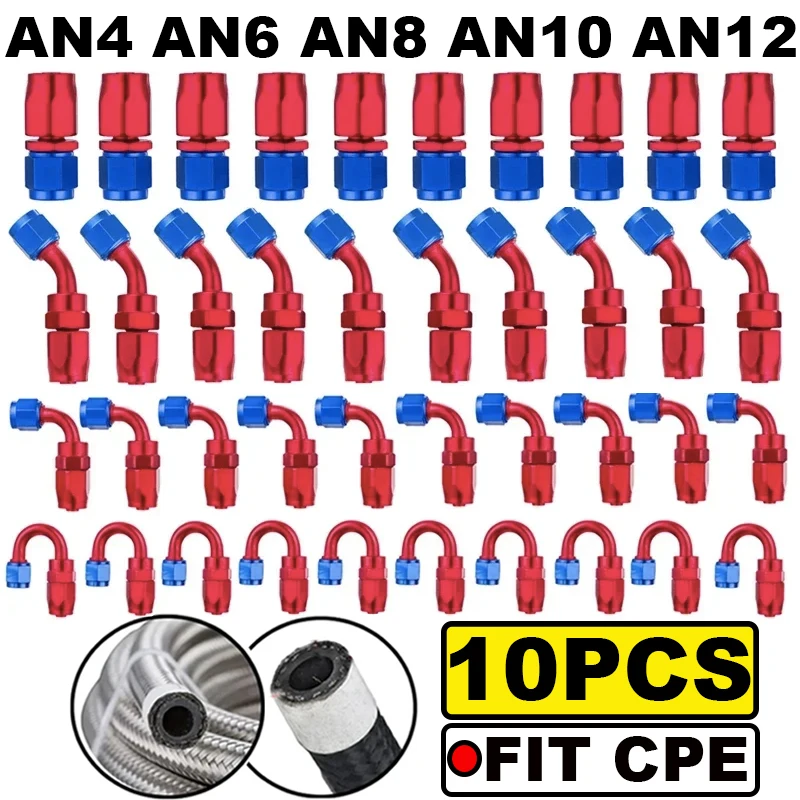 

10X AN4 AN6 AN8 AN10 AN12 Straight 0 45 90 180 Degree Oil Fuel Swivel Hose End Fitting Oil Hose End Adaptors Kit Red and Blue