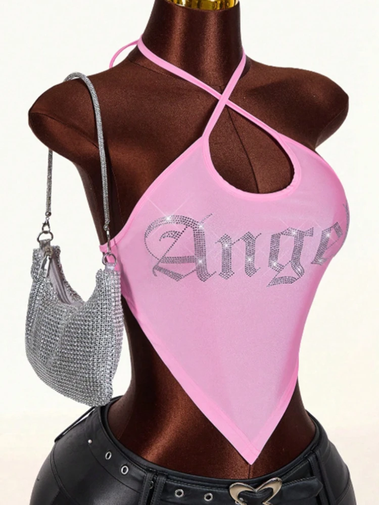 Angel Rhinestone Halter Camisole Women Pink Triangle Hem Sleeveless Cami Top Y2K Backless Slim Street Tank Vest