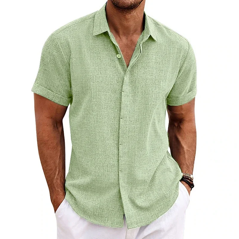 Cotton Linen Hot Sale Men\'s Short-Sleeved Shirts Summer Solid Color Turn-down Collar Casual Beach Style Plus Size