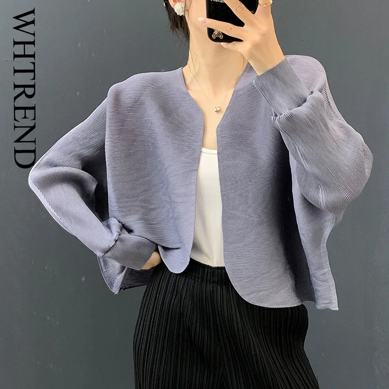 

WHTREND Short Pleated Jacket Coat For Women V Neck Long Sleeves Solid Color Thin Coats Female Casual Top Spring Autumn New