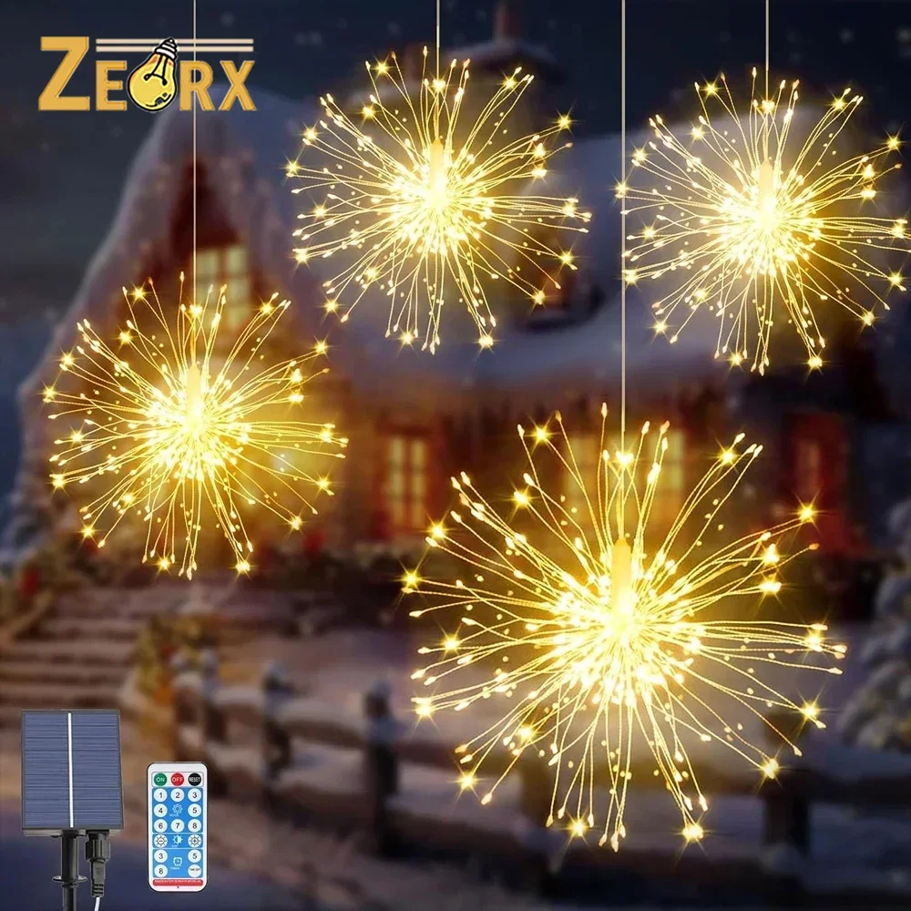 

360/480 LEDs Solar Firework Lights, 4pcs/set Copper Wire Fairy Light String Starburst Light with 8 Modes Remote for Garden Patio