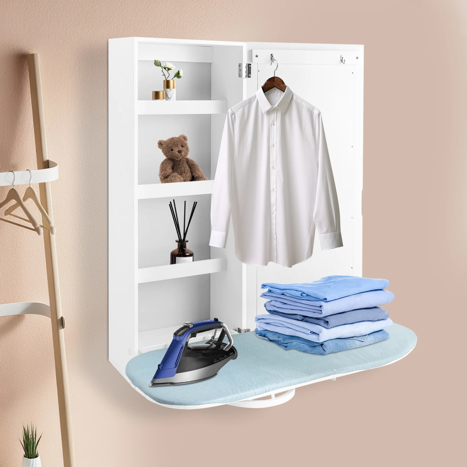 

180° Rotatable Wall Mounted Ironing Board Fold Up & Down Built-in Swivel Ironing Board Foldable with Storage, Mirror