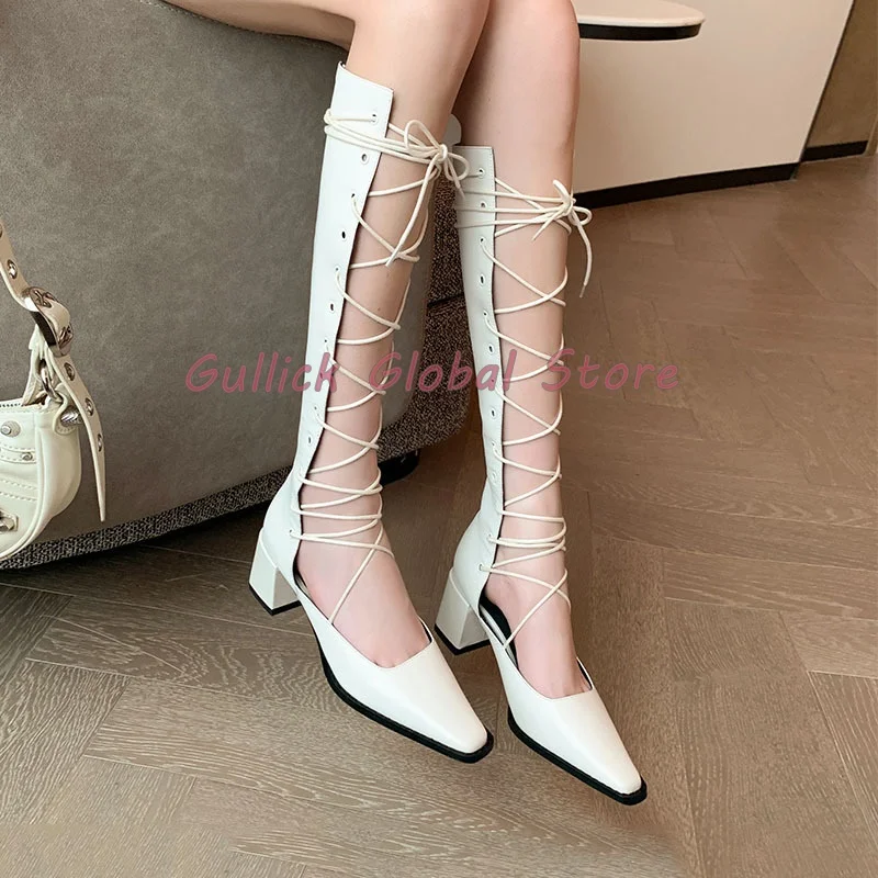 2024 New Arrival Genuine Leather Pointed Toe Hollow Chunky Heels Knee Boots Lace UP Summer Casual Soft Breathable Comfortable