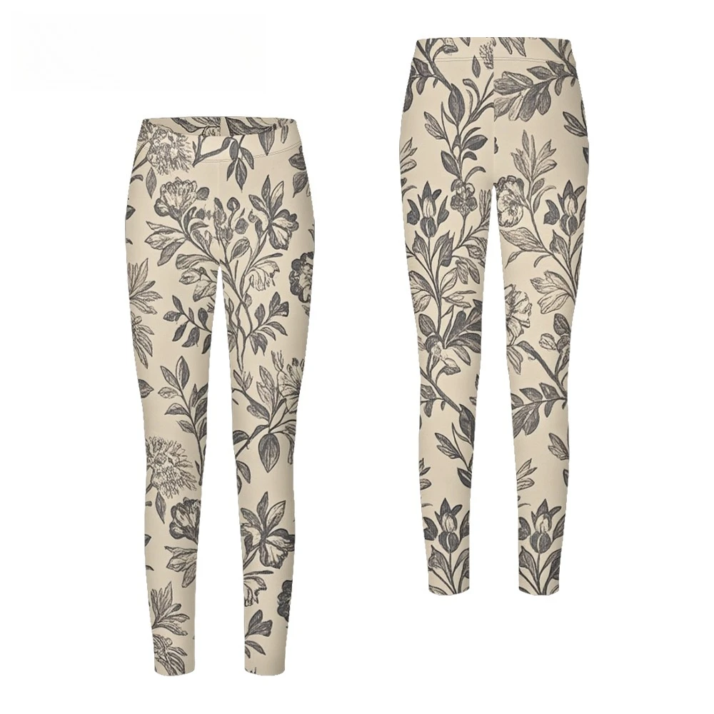 Women's High-Waisted Leggings with Fresh Teal Botanical Print White Base with Leaves  Flowers Stretchy Yoga Pants Fitness Casual
