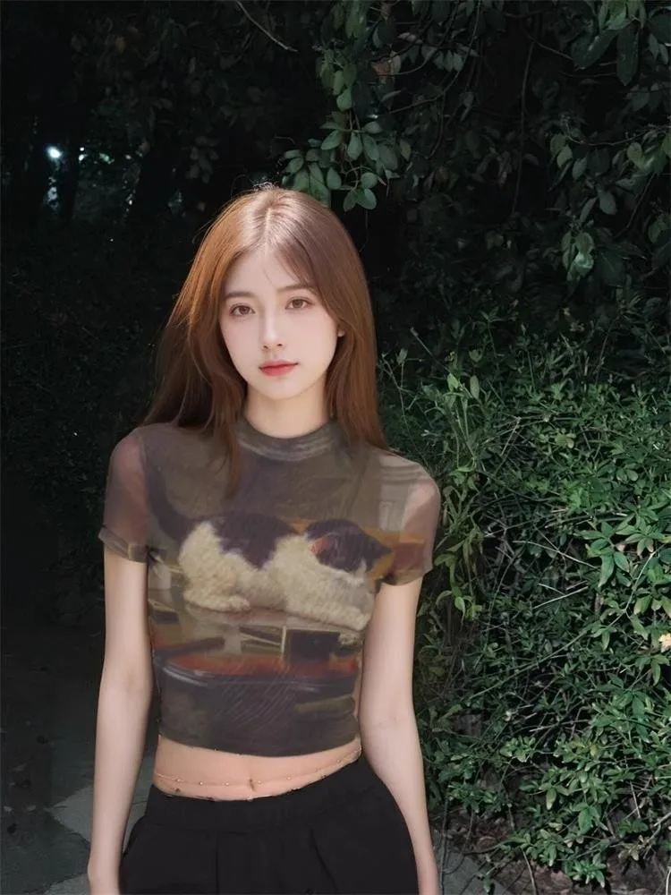 American Style Short Sleeve T-Shirt Women Summer Spicy Girl High-End Feeling Mesh Shoulder Bore round Neck Short Length Top