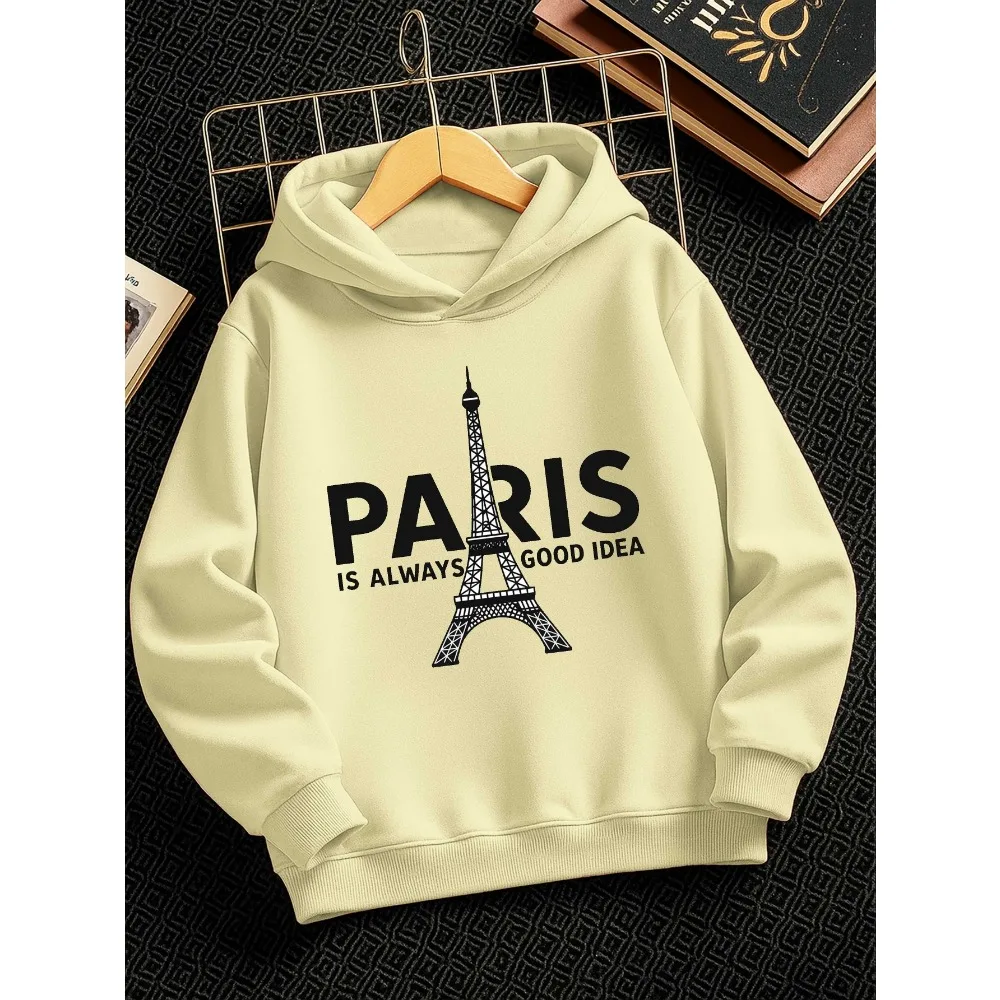 Eiffel Tower Paris Black Text Autumn and Winter Boys Winter Fashion Casual Hoodie Fashion Sports Print Sports Outdoor