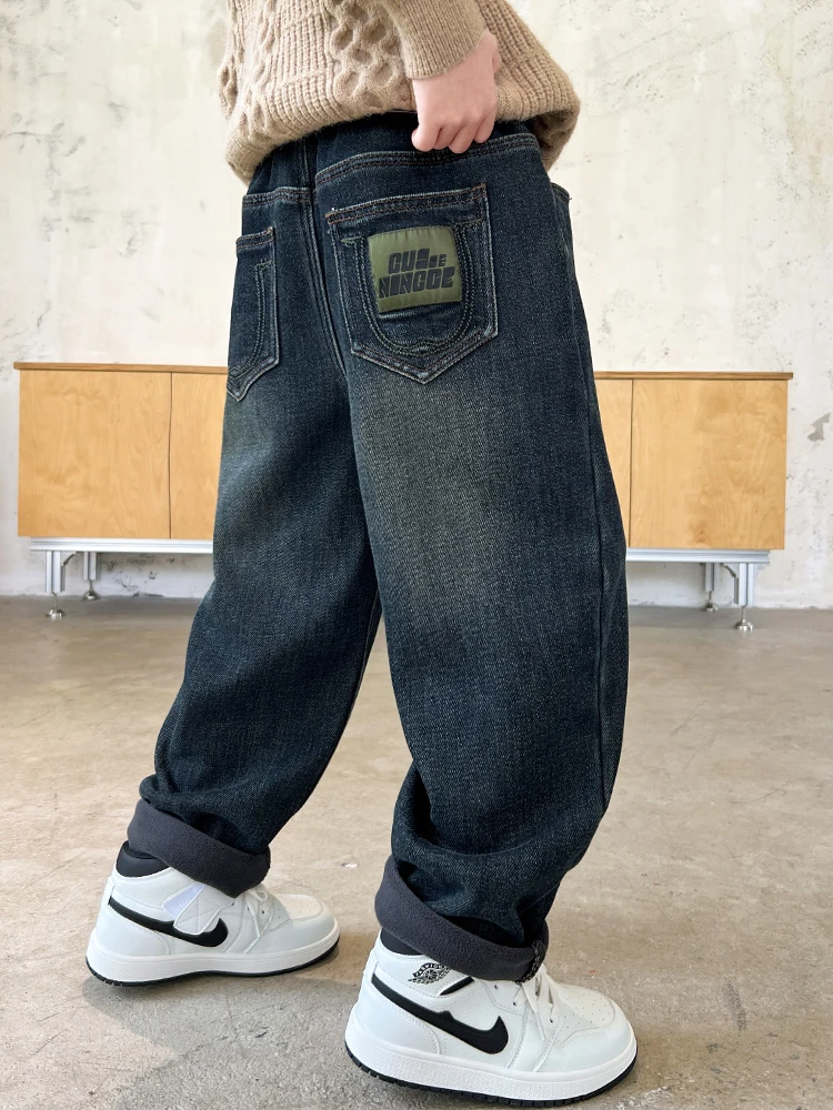 Thickened Fleece Lined Winter Denim Jeans for Boys Warm Fluffy Integrated Long Pants Loose Fit Cotton Trousers for Kids