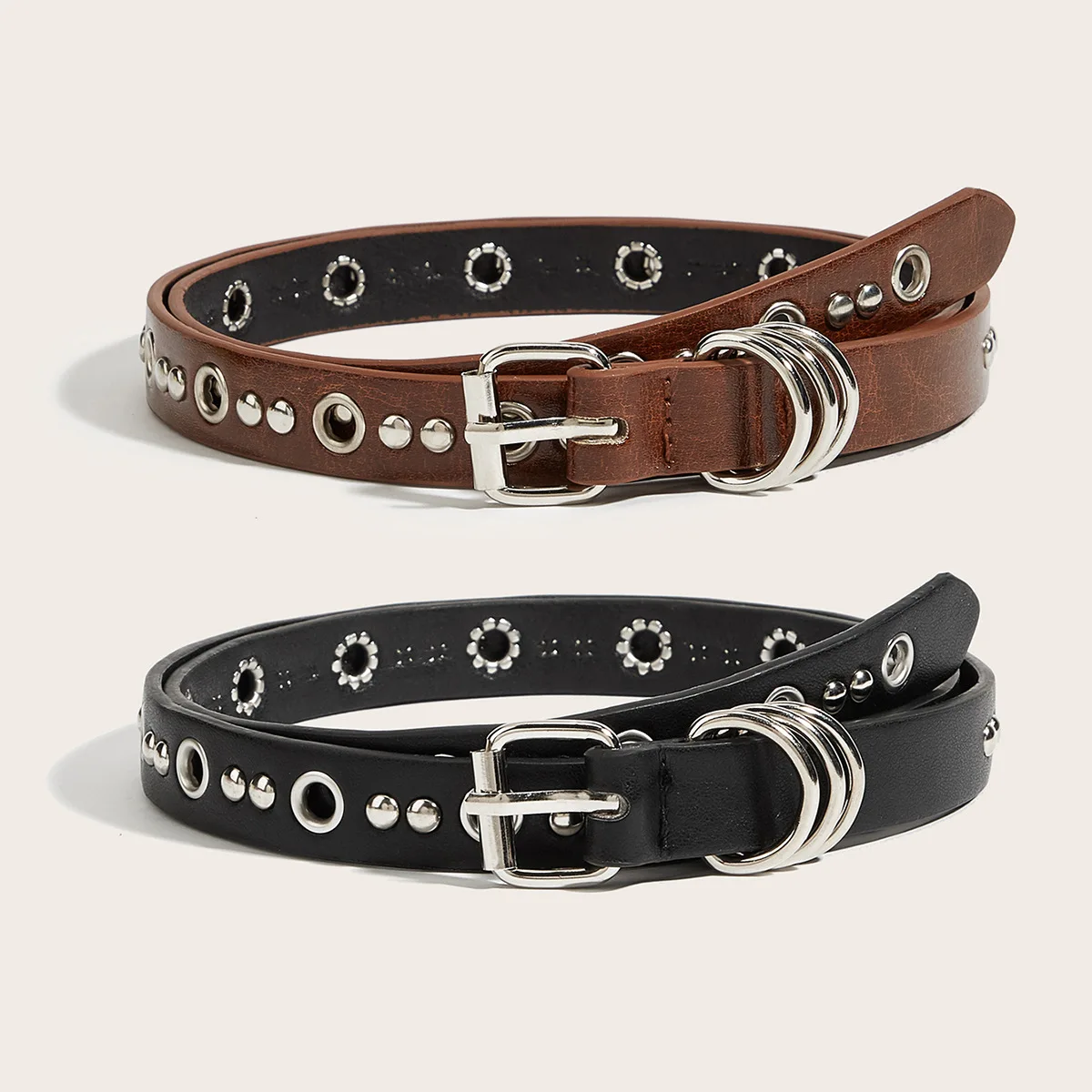 Fashion Y2k Belt American Retro Multi Ring Buckle Air Eye Thin Belt Punk Style Rivet Versatile Spring and Summer New Thin Belt