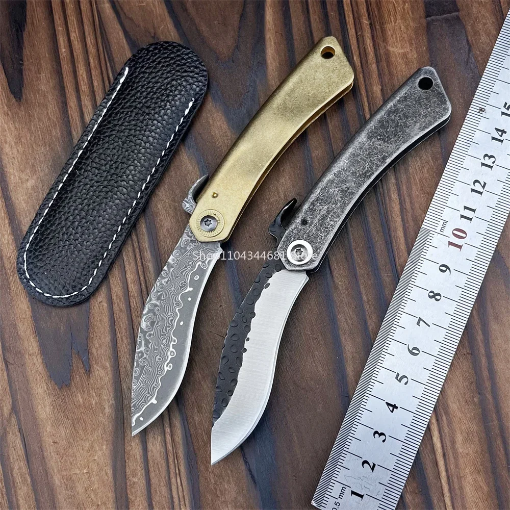 Damascus Steel Blade and Brass Handle stone-washed Finish 5Cr13MoV Blade in Deep Gray 420 Steel Handle EDC Outdoor Folding Knife