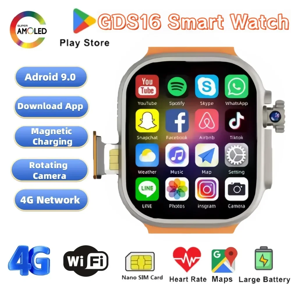 GDS16 4G LTE Smartwatch with 1/3 Replacement Straps, AMOLED Screen, 180° Rotatable Camera, GPS WiFi SIM Slot & Health Tracking