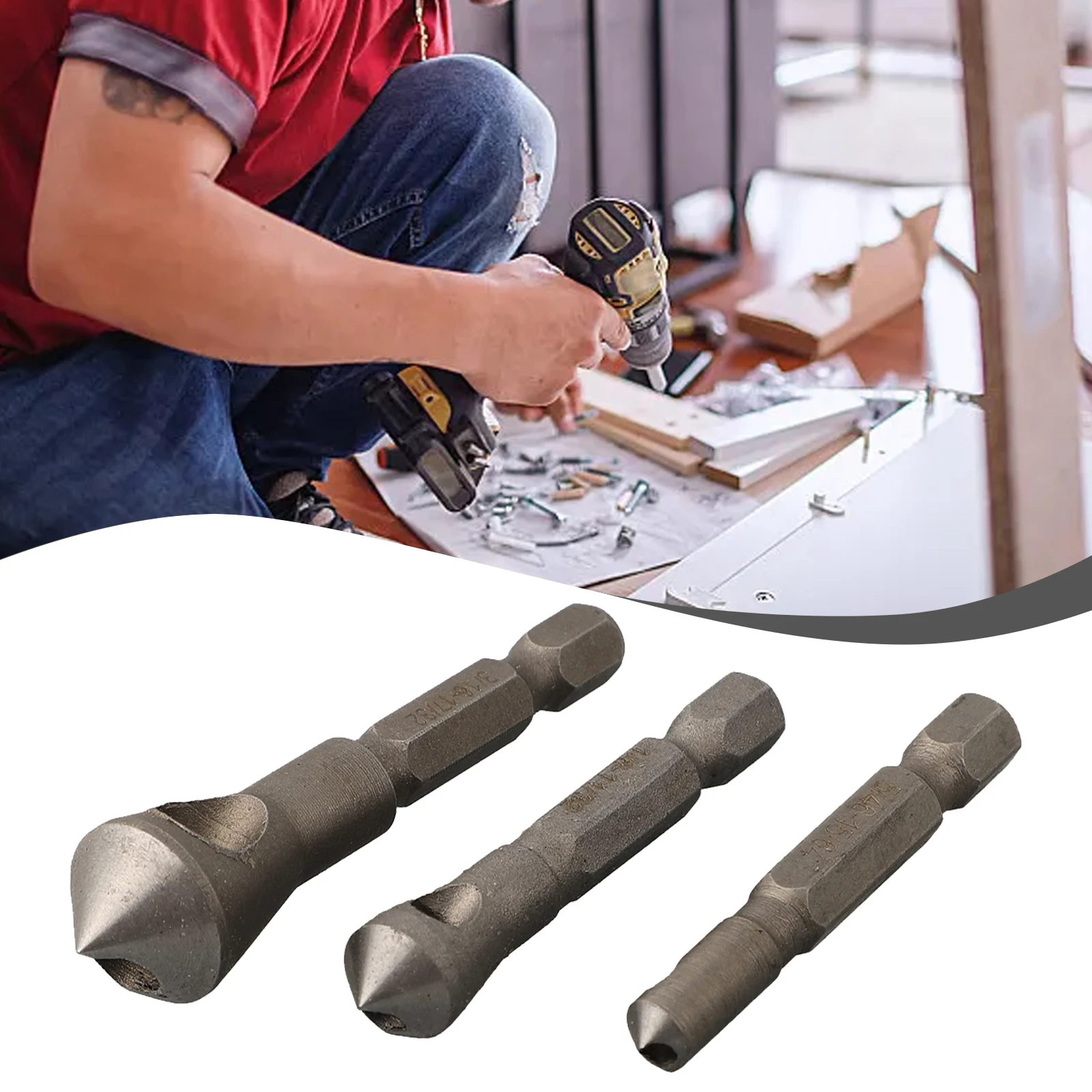 High Speed Steel Deburring Drill Bit Set 3PCS Counter Hole and Deburring Tool Smooth Finish Easy Grip Hex Shank