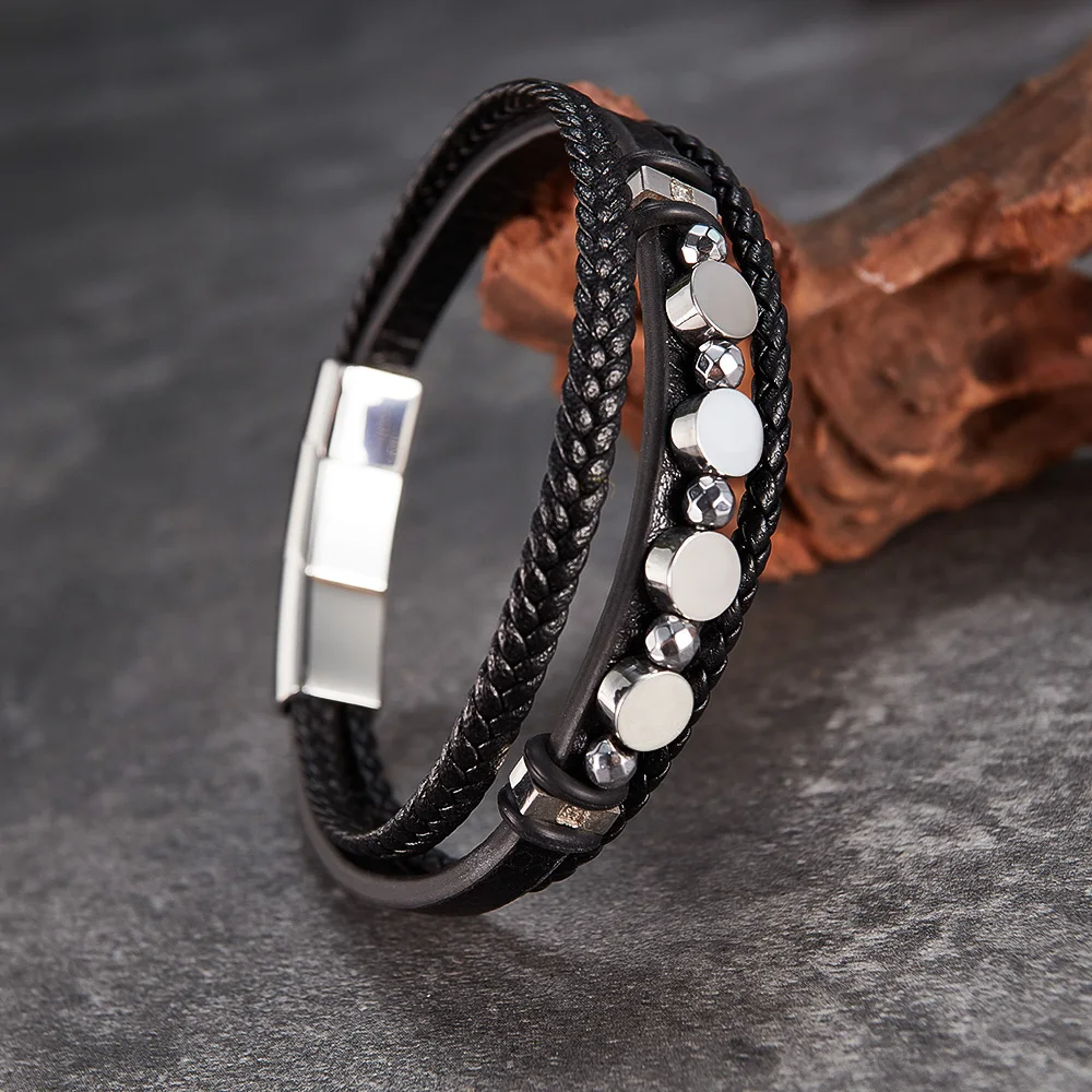 

Luxury Round Hematite Vintage Fashion Woven Adjustable Size Stainless Steel Leather Bracelet Jewelry Leather Bracelet for Men