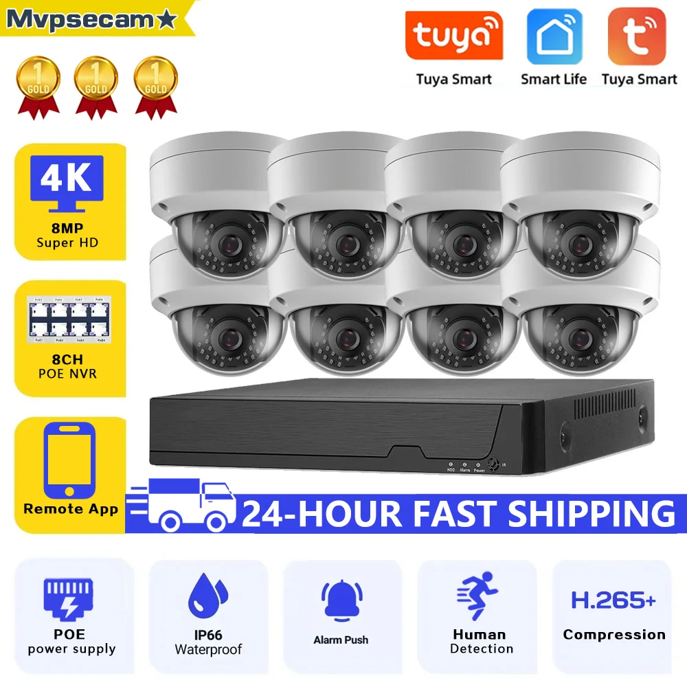 

8MP 8CH Tuya POE NVR Network Video Security System 4K NVR With Human Detection Weatherproof Surveillance Set POE IP Cameras Kit