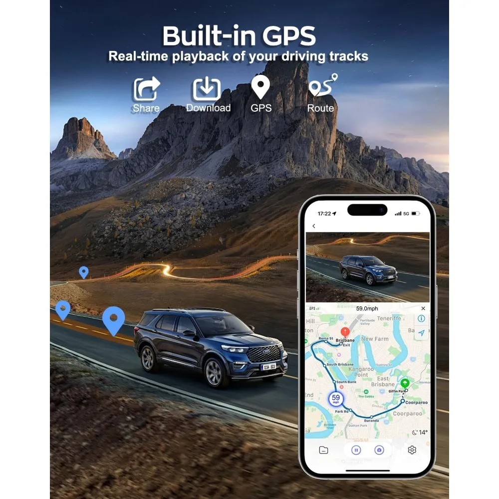 كاميرا داش 4K 360 °   عرض، كاميرا داش أمامية وخلفية ذات 4 قنوات للسيارات، نظام تحديد المواقع المدمج في 5 جيجا هرتز واي فاي، تحكم صوتي، بطاقة 128 جيجا مجانية، ليلية