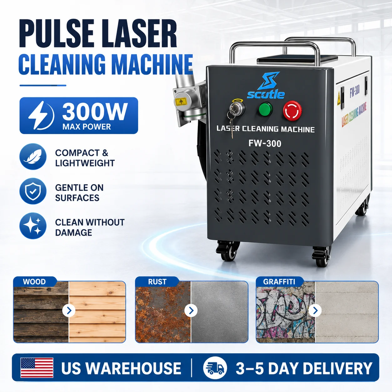 JPT 300W Pulsed Laser Cleaner Rust Paint Oil & Graffiti Removal for Metal Wood & Wall Surfaces | Non-Damaging