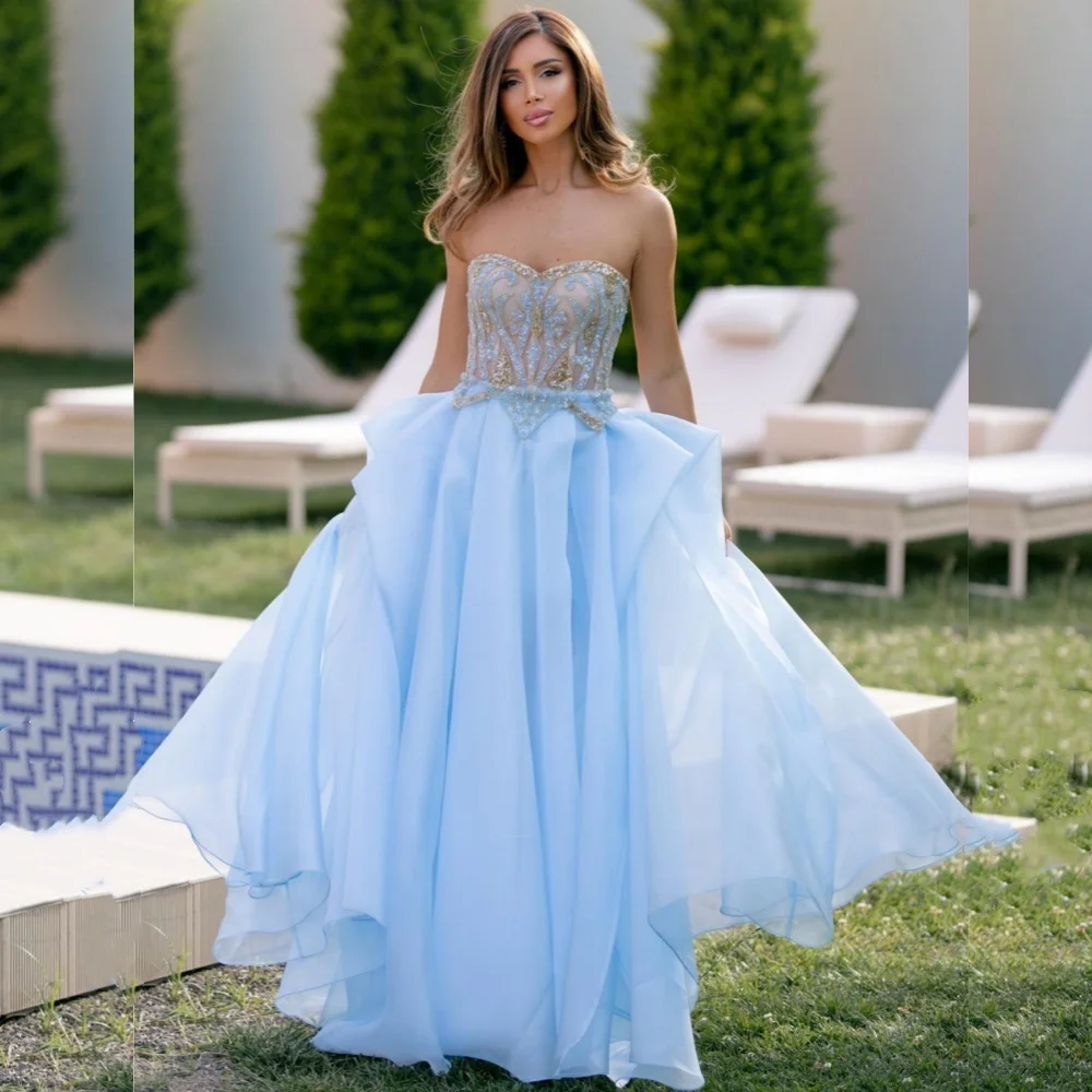 Customized Formal Casual Organza Sequined Pleat A-line Strapless Long Dresses Bespoke Occasion Sparkle