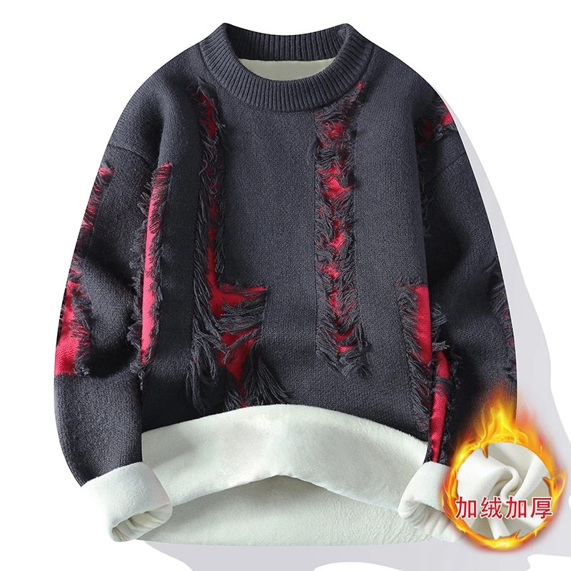 Fashion Men's Warm Sweaters Autumn Winter Casual Thicken Fleece Knitted Pullovers Youth Hip Hop Streetwear Loose Tops Clothing