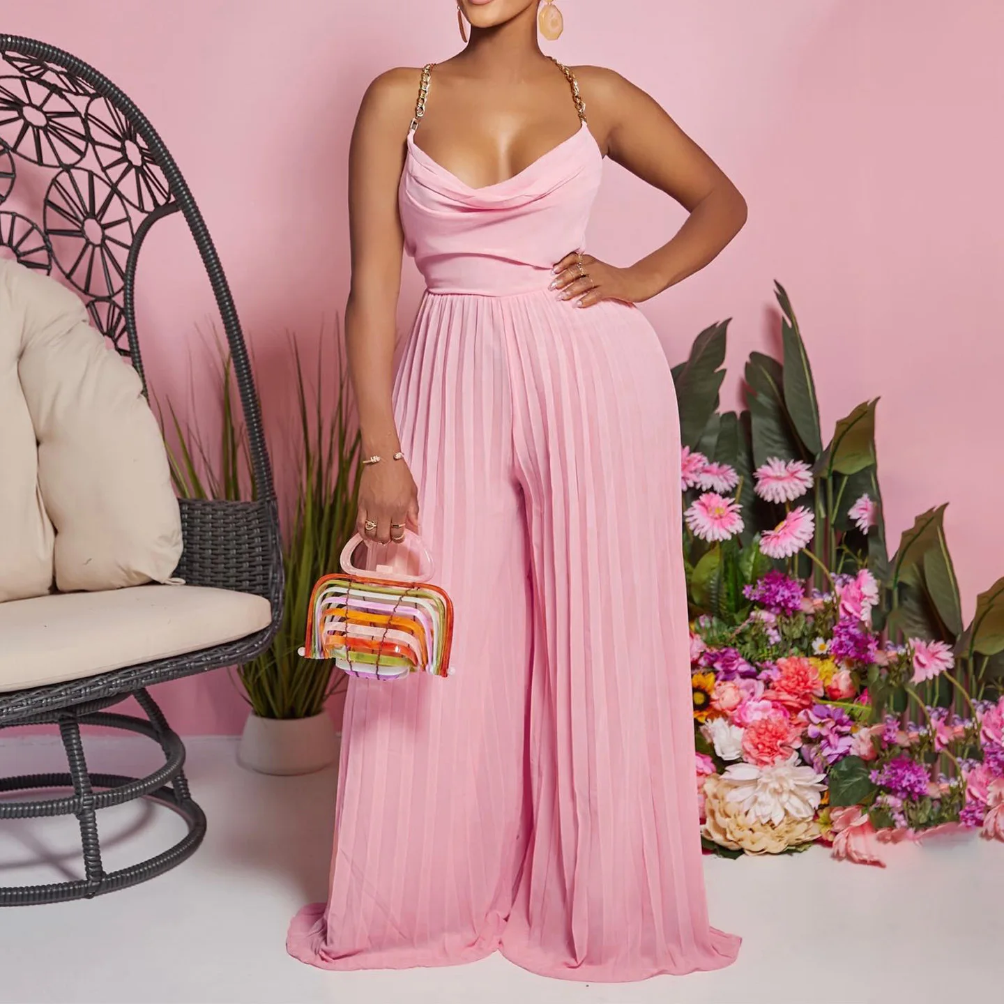 

Женская одежда, сексуальный комбинезон с полным боди, модные комбинезоны с бретелькой на шее и высокой талией, сексуальные плиссированные комбинезоны с открытой спиной и широкими штанинами