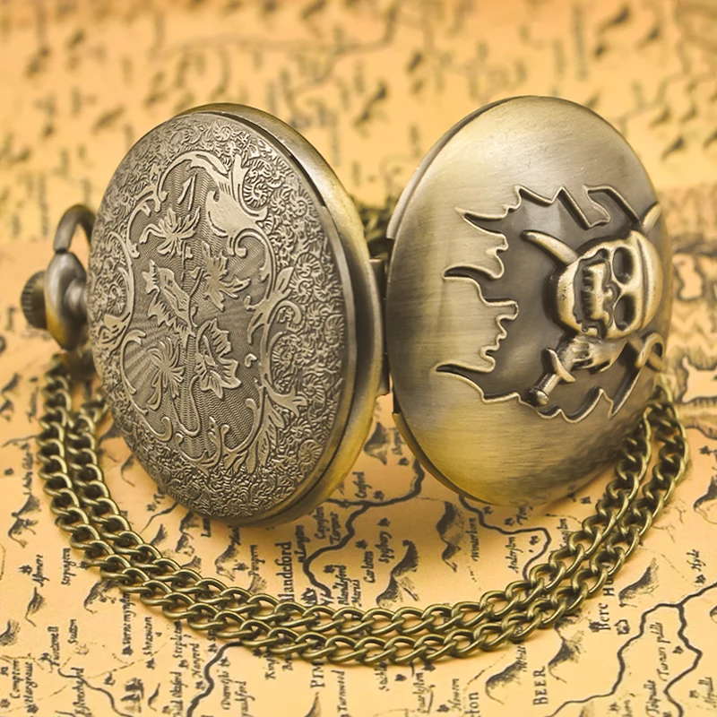 Vintage Bronze Large Necklace Quartz Pocket Watch Funny Scary Ghost Head Fun Halloween Gift For Both Men And Women