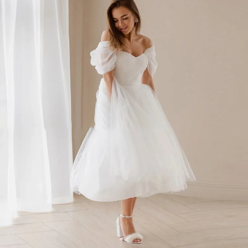 Wholesale Princess Short Wedding Dress A Line Mid Calf Off Shoulder Corset Lace Up Back Tulle Bridal Gown Civil Robe De Mariee