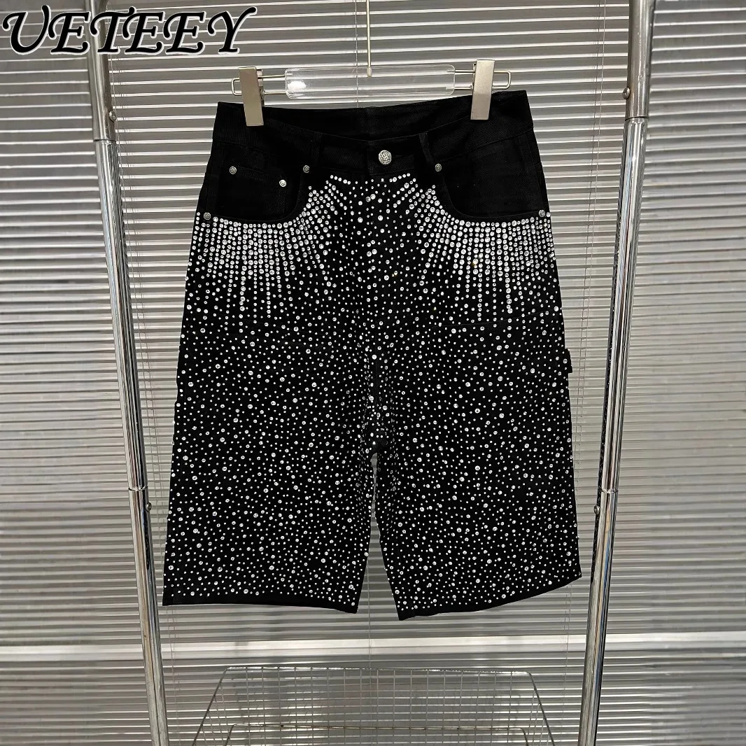 

Niche Washed Old Full Diamond Seven-point Shorts Summer New Black Versatile High-waisted Streamer Wide-leg Jeans Tide
