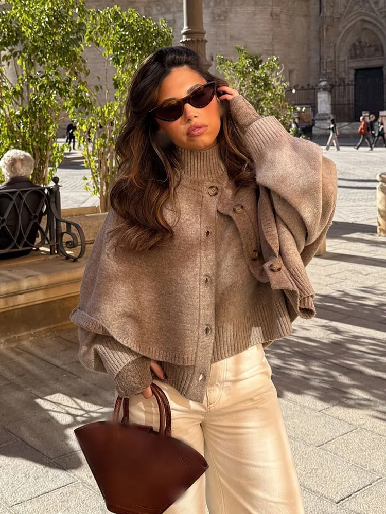 

HH Woman Single Breasted Cape Design Knitted Sweater Top Women Autumn Elegant O-Neck Cardigans Retro Casual Shawl Coats