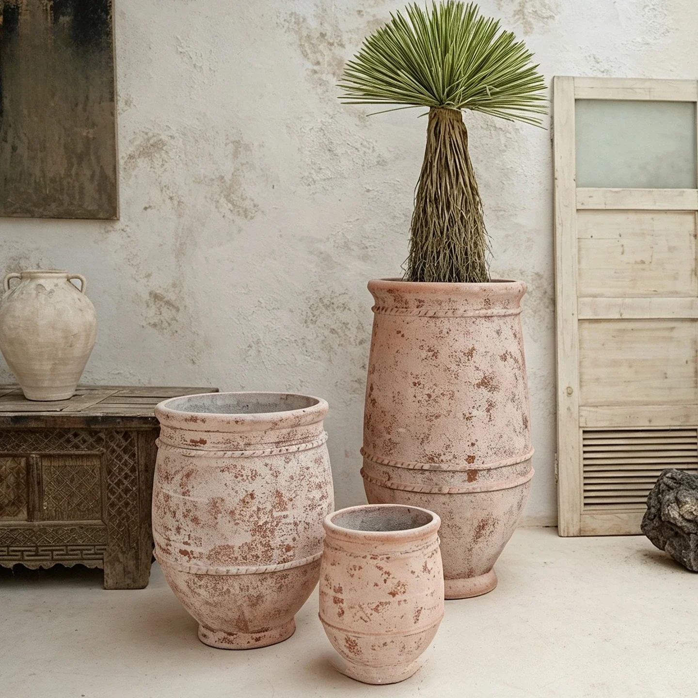 Wabi Sansan wind mottled old cement flower pot retro high floor-to-ceiling homestay soft breathable green plant flower pot