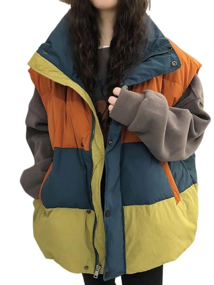 Extra große 300-Pou Thiened Damenweste Herbst Winter Lose Patchwork Brotmantel Jaet Starke Wärme Reißverschluss