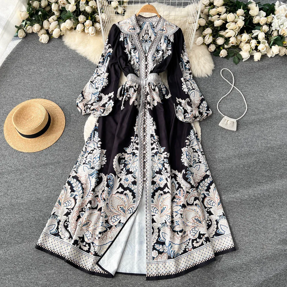 Summer Long Dress for Women Boho Long Sleeve Printed Indie Folk Half Open Collar Female Tarf Party Evening Luxury Vestidos New