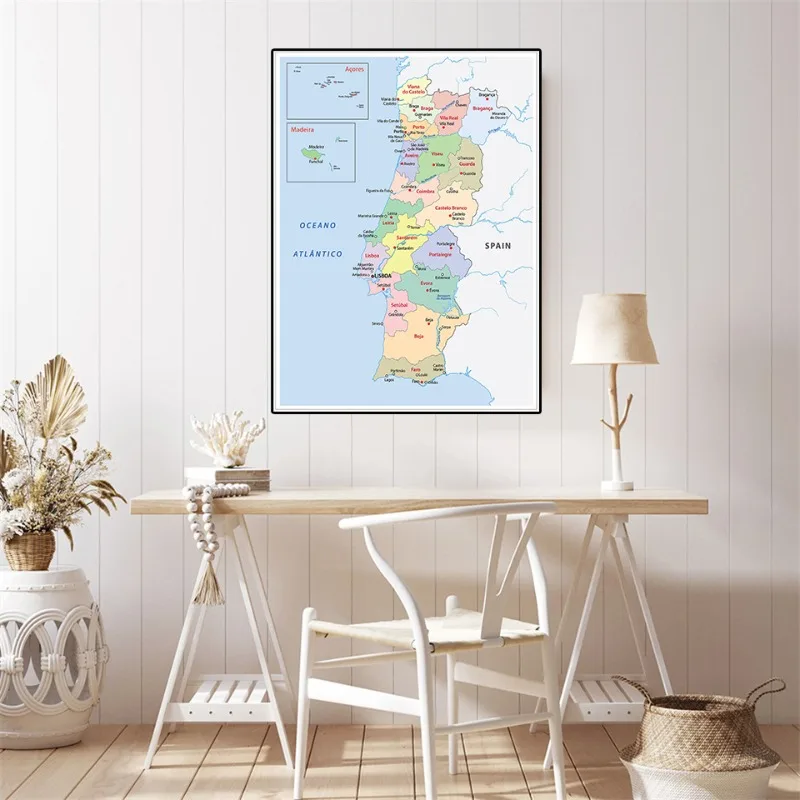 Distribuição Português Mapa de Portugal Wall Art Poster, Pintura Canvas, Material Escolar, Decoração da Sala, 42x59cm