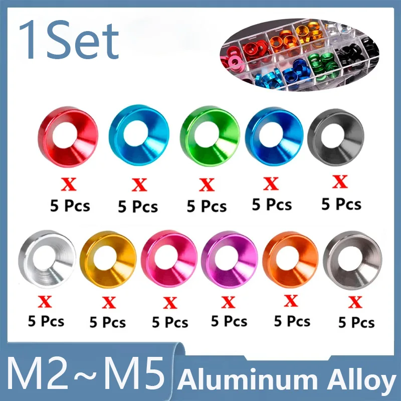 55Pcs/Set Box-Packed M2 M2.5 M3 M4 M5 11 Colour Anodized Aluminum Alloy Countersunk Head Bolt Washers Gasket