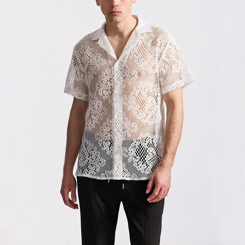 Men's Lace Short Sleeve Shirt with Lapel, Disco Club Shirt Single Buttons Fashion Retro Party Top, Elegant See-Through Blouse