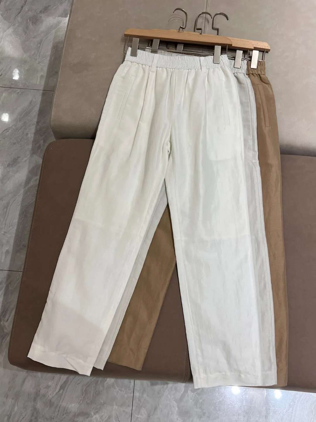 Summer solid color elastic waist thin pencil trousers