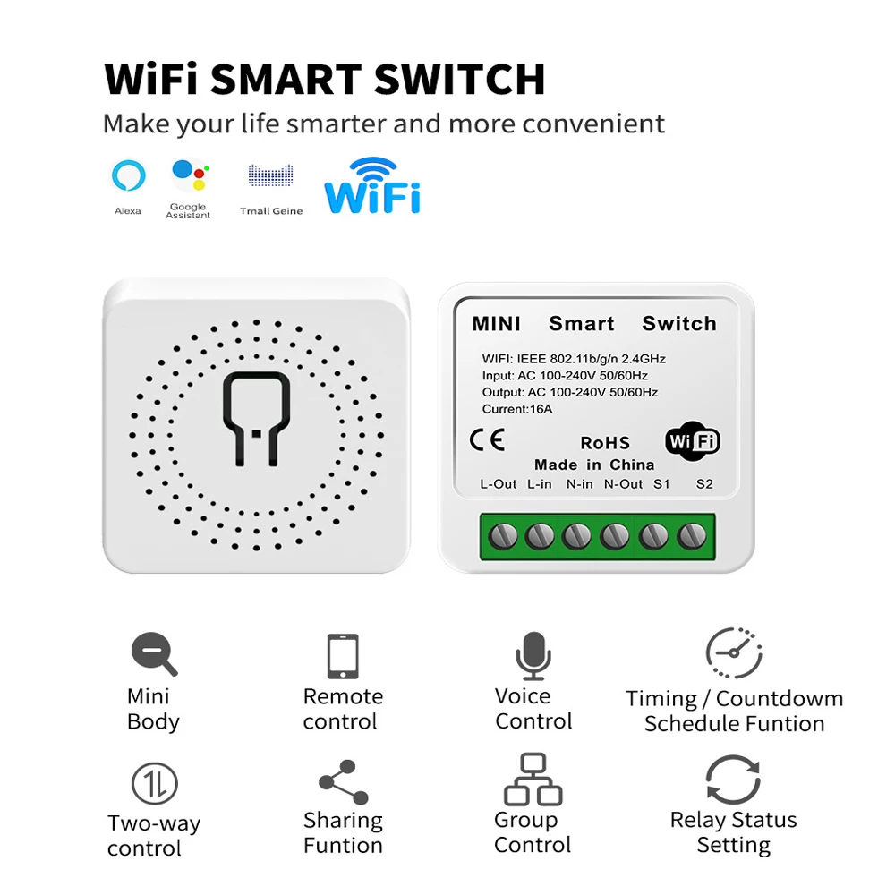 Wifi Switch 16A Mini DIY 2-way Control Timing Relay APP Smart Switch Life Home Work With Tuya Smart Life Alexa Alice Google Home