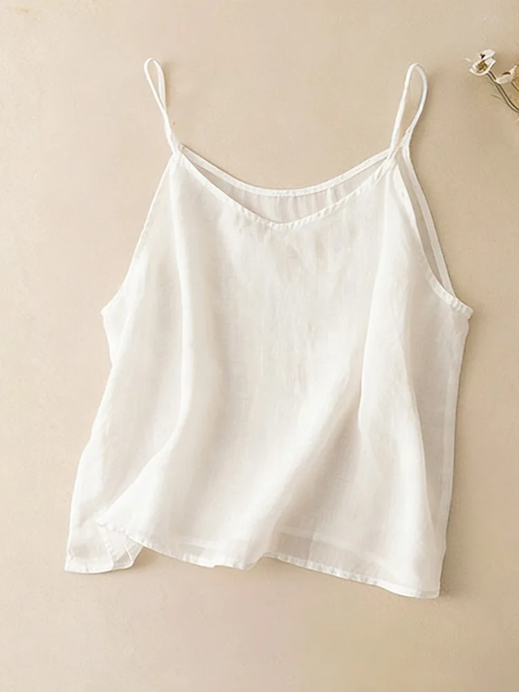 Lightweight Cotton Linen Short Sleeveless Women's Tank Top Breathable Loose Summer Base Shirt Inner Wear Casual Style round Neck