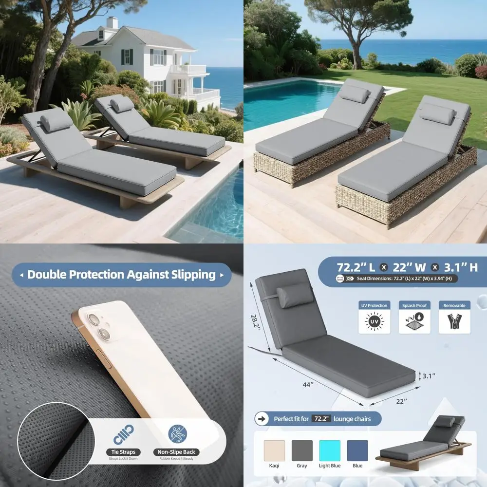 

Patio Chaise Lounge Cushions Set of 2, 72.2 x 22 x 3.1 Inches, Waterproof Outdoor Pool Chair Cushions with Thick Padding