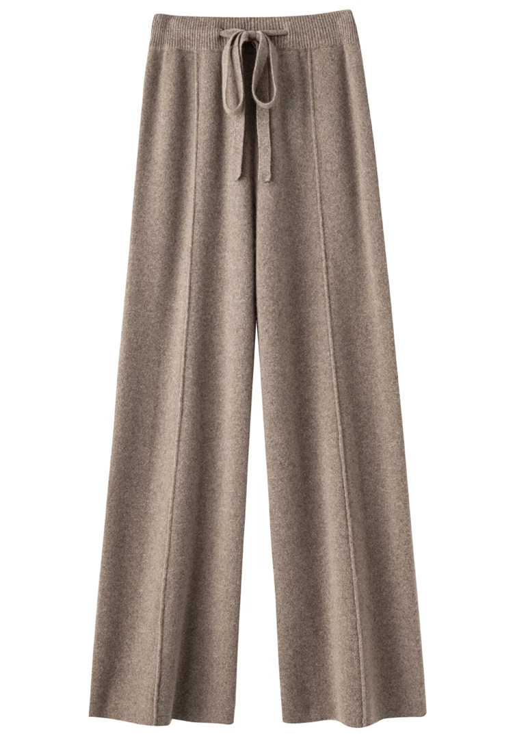 Elastic Waist 100% Merino Wool Women's Full Length Pants Winter Thickened Knitted Long Solid Color Warm Pantalones Mujer