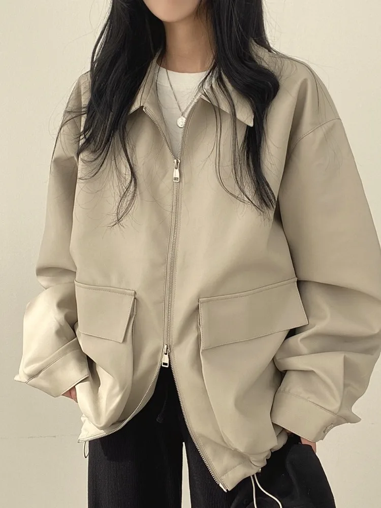 Ele Double ket Zipper Leather Jaet Women's Faion Versatile  Collar Autumn Coat Chic Commute Sle Long Sve