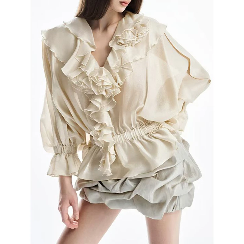 

Solid LoosSpliced Fungus Folds Blouses foWomeV Neck Long Sleeves Elastic Waist CasuaBlousFemalClothing